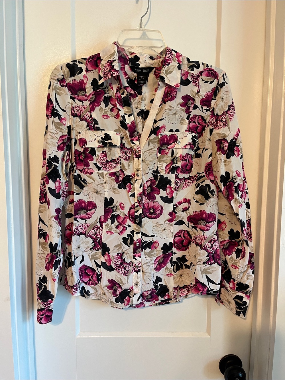 White House Black Market Floral Button-Down Shirt in White, Pink and Black
